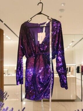 House Of CB James Purple Sequin Long-Sleeve Wrap Mini Dress XS NWT